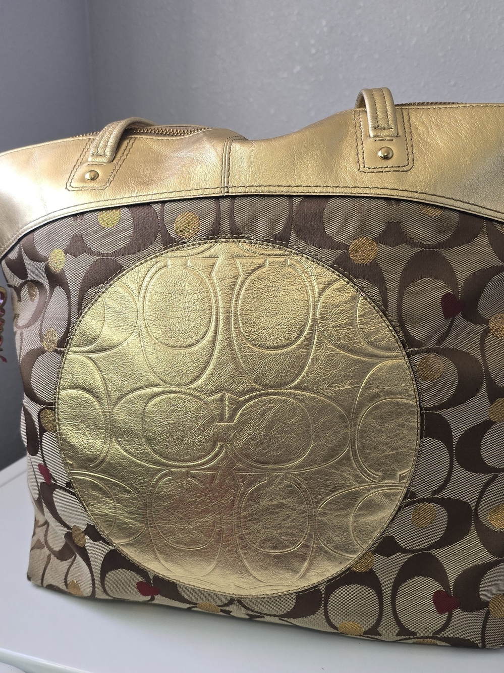 Coach Gold and Brown Signature Circle Tote